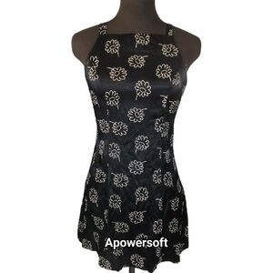 Black Satin Daisy Print High Neck Mini Dress